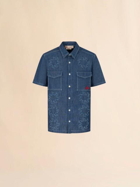Marni BLUE CHAMBRAY SHORT-SLEEVED SHIRT WITH FRAYED SUN MOTIF