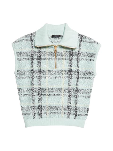 Balmain Balmain Tweed Zip Funnel Neck Sweater in Ulm Pale Green/Multi at Nordstrom
