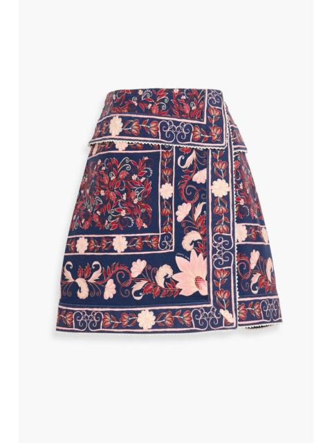 FARM RIO Wrap-effect printed cotton-twill mini skirt