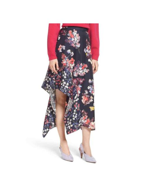 Lewit Asymmetrical 100%Silk Floral Midi Ruffle Skirt Sz 10 Navy NWT $299