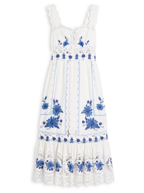 FARM RIO Farm Rio Floral-embroidered Linen-blend Midi Dress