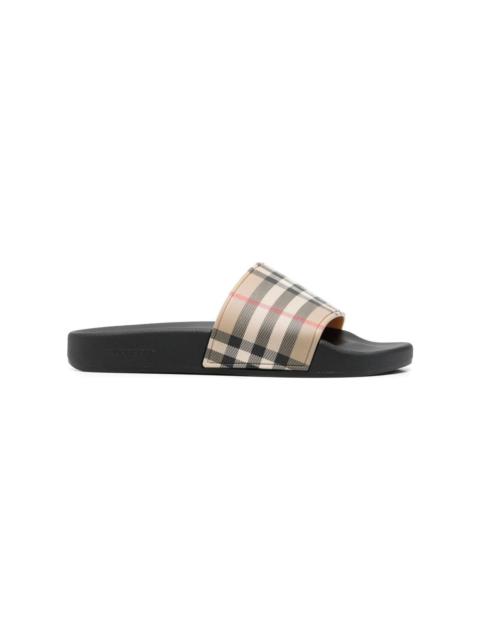 Brown Slides Sandals With Vintage Check Motif In Polyurethane