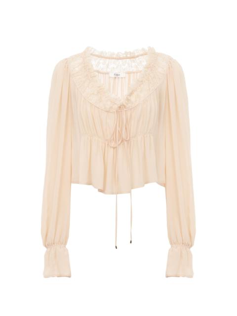 Chloé SCOOP-NECK CROPPED TOP IN SILK GEORGETTE & LACE