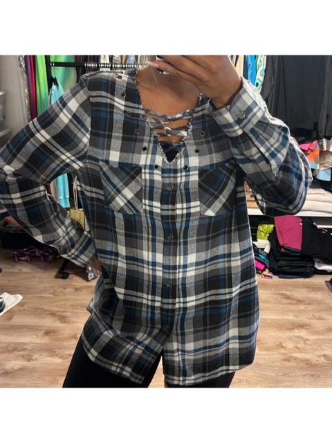 Other Designers Vintage Havana Plaid Grommet Lace-Up Tunic Top