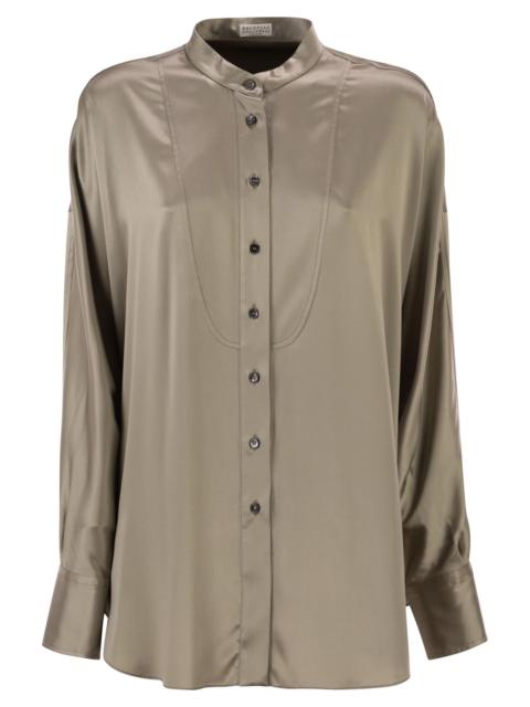 Brunello Cucinelli Brunello Cucinelli Women Stretch Silk Satin Mandarin Collar Shirt With Necklace