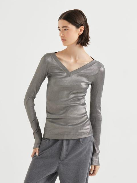 Brunello Cucinelli Sparkling stretch cotton ribbed jersey long sleeve  T-shirt with shiny tab