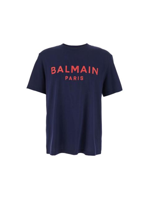 Balmain Blue Crewneck T-shirt With Logo Lettering Print On The Front In Cotton Man