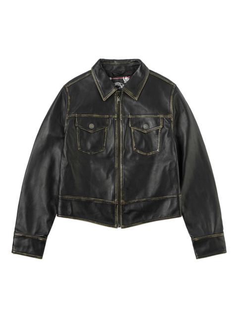 EVISU Logo Embossed Cropped Leather Jacket