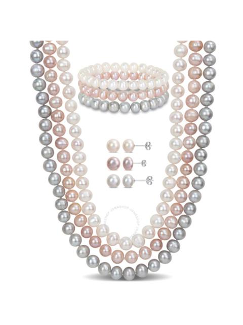 Other Designers AMOUR 7-piece Jewelry Set (white/grey/pink) Freshwater Cultured 7.5-8mm Pearls - 3-Strand Necklace, 