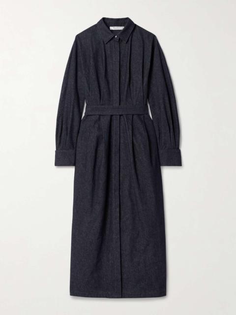 Belted pleated denim midi shirt dress Dark denim