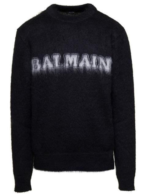 Balmain Balmain Men Black Crewneck Sweater With Maxi Logo Lettering On The Front And Brushed Effect In Wool 