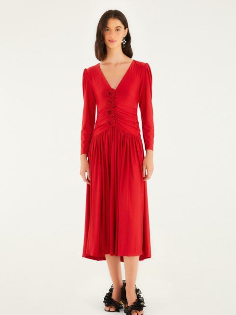 FARM RIO Red 3D Roses Long Sleeve Draped Midi Dress