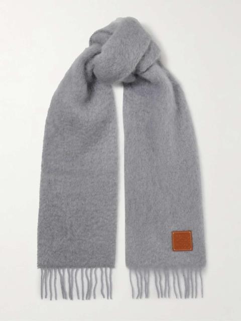 Fringed appliquéd leather-trimmed brushed mohair-blend scarf Light gray