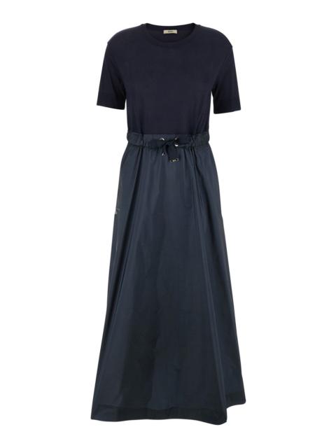 Herno Herno Women Blue Crewneck Midi Dress With Elastic Drawstring Waist And Panelled Design In Tech Fabri