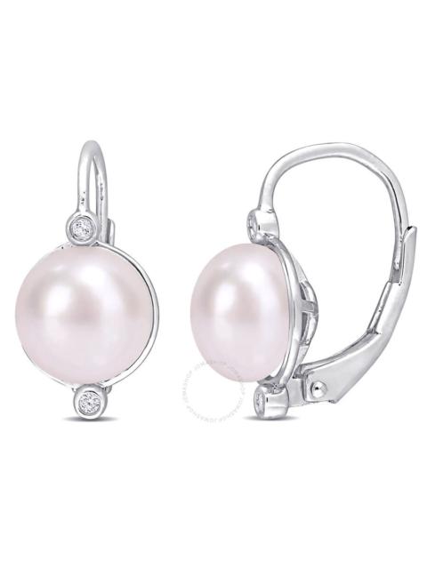 Other Designers AMOUR 7.5-8mm Freshwater Cultured Pearl and Diamond Accent Leverback Earrings In Sterling Silver