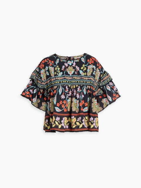 FARM RIO Pintucked floral-print cotton-blend voile blouse