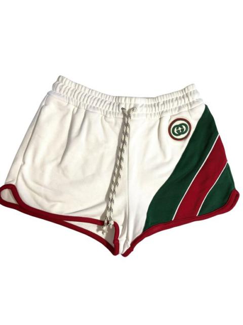 Gucci White Athletic Shorts With Green & Red Stripes Drawstring Waist Embroidere