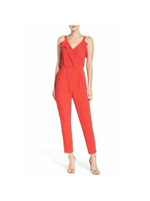 Other Designers Adelyn Rae Jumpsuit Red Crepe V Neck Ruffle Accent Pant One Piece SZ M NWT