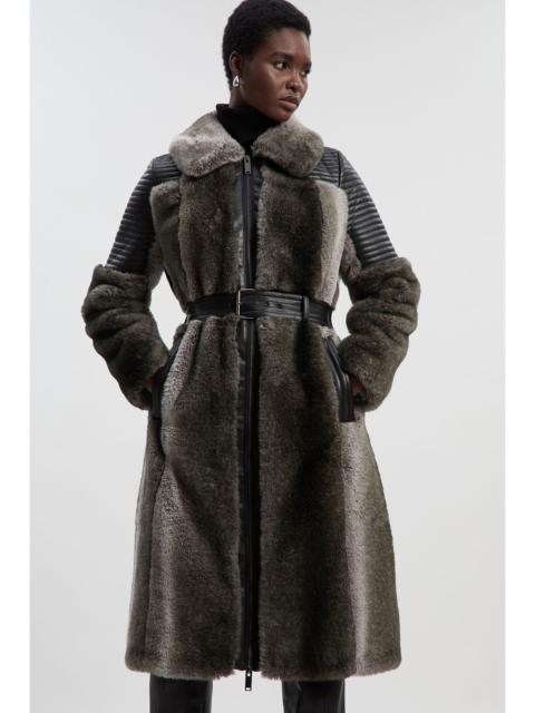 KAREN MILLEN Petite Faux Fur & Faux Leather Panelled Biker Belted Long Coat