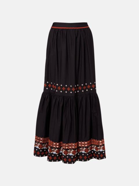 FARM RIO Embroidered cotton maxi skirt