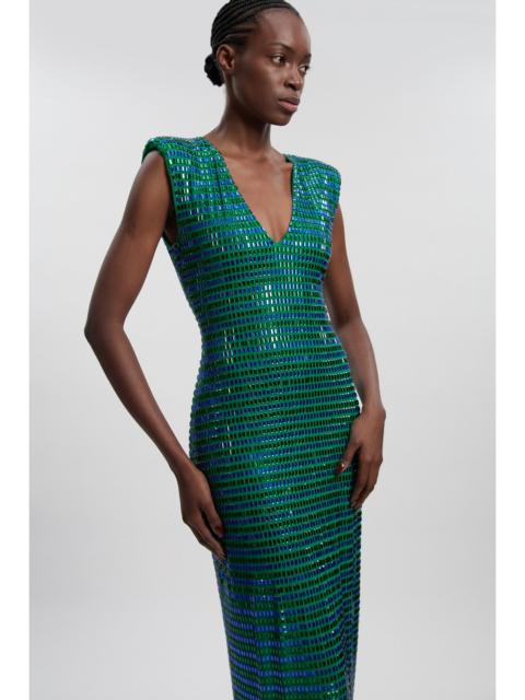 KAREN MILLEN Premium Crystal Embellished Jersey Sleeveless Plunge Neck Midi Dress