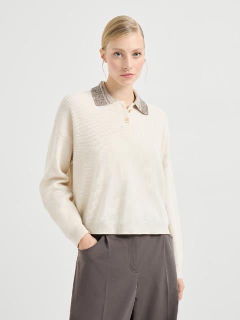 Brunello Cucinelli Virgin wool, cashmere and silk English rib knit polo with dazzling collar