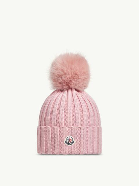Moncler Wool Beanie with Faux Fur Pom Pom