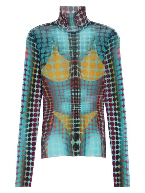 Jean Paul Gaultier Jean Paul Gaultier Re-Edition Polka Dot Trompe l'Oeil Long Sleeve Mesh Top in Blue/Purple/Yellow at 