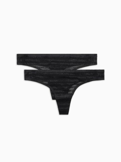 EMPORIO ARMANI Two-pack of ASV recycled bonded mesh thongs with all-over logo lettering