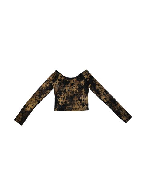 Chrome Hearts Chrome Hearts All Over Cross Print Off-Shoulder Mesh Long-Sleeve Top Brown