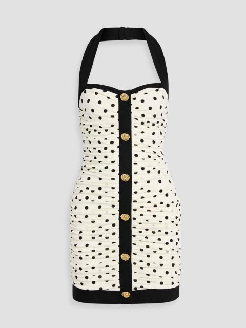 Balmain Ruched polka-dot jersey halterneck mini dress