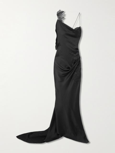 Victoria Beckham Asymmetric Draped Sequin-embellished Lace-trimmed Satin Gown