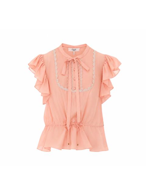 Chloé Chloe' Women Short-Sleeve Ruffle Top In Washed Silk Habotai & Lace