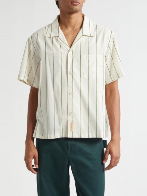 BODE Bode Celery Stripe Short Sleeve Cotton Button-Up Shirt in Green Cream at Nordstrom