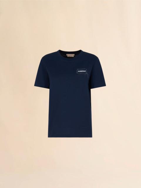 Marni DEEP BLUE ORGANIC COTTON T-SHIRT WITH MARNI APPLIQUÉ