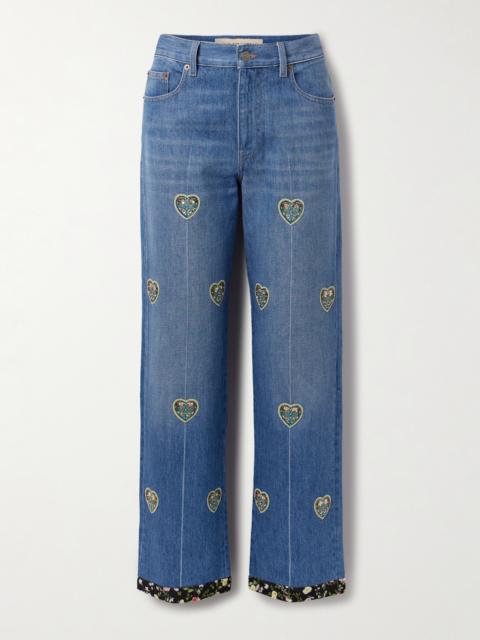 Valentino Embroidered Embellished High-rise Straight-leg Jeans