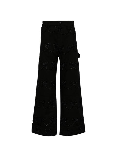 crystal-embellishment wide-leg cotton trousers
