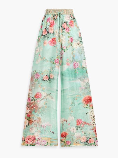 CAMILLA Crystal-embellished printed satin-jacquard wide-leg pants
