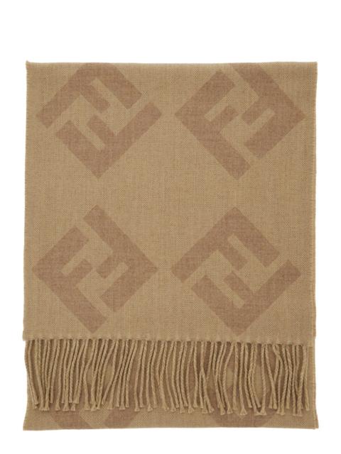 FENDI Fendi Men Beige Scarf With All-Over Ff Logo And Fringed Hem In Wool Man