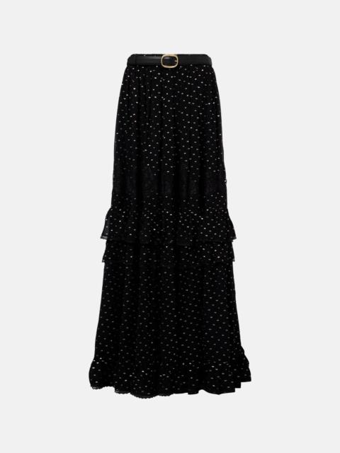 self-portrait Lace-trimmed polka-dot chiffon maxi skirt