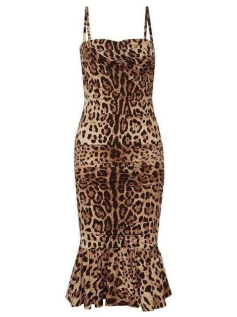 Ruched Leopard Print Silk Cady Midi Dress