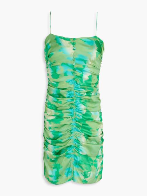 GANNI Ruched printed silk-blend satin mini dress