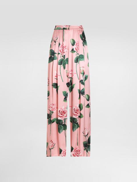 Silk pajama pants with rose print
