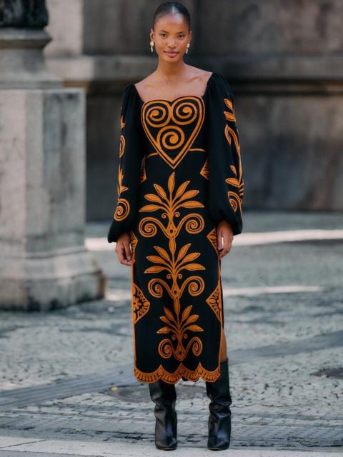 FARM RIO Black Cornely Ainika Embroidered Heart Midi Dress