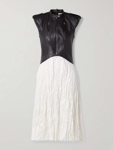 Athena paneled leather and crinkled silk-blend twill midi dress Ivory