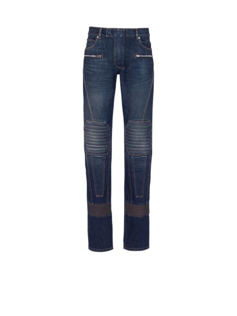 Denim straight-leg biker jeans