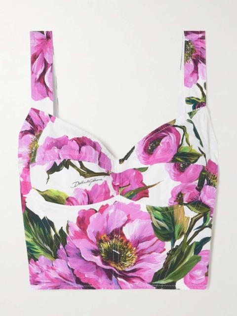Cropped floral-print cotton-blend bustier top Pink