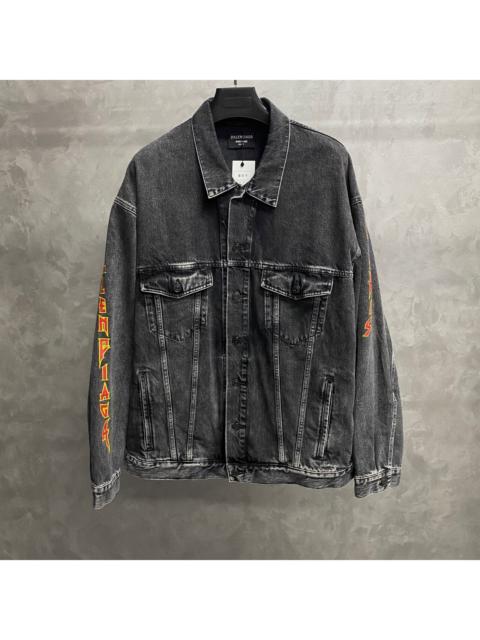 BALENCIAGA Balenciaga Black and Grey Collared Denim Jacket with Printed Logo Pattern
