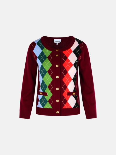 GANNI BURGUNDY MERINO WOOL BLEND CHECK CARDIGAN
