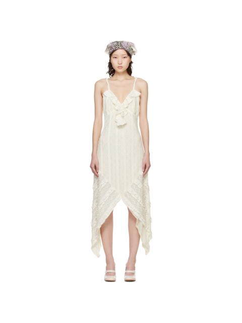 ANNA SUI Off-White Floral Ruffle Stretch Lace Handkerchief Midi Dress